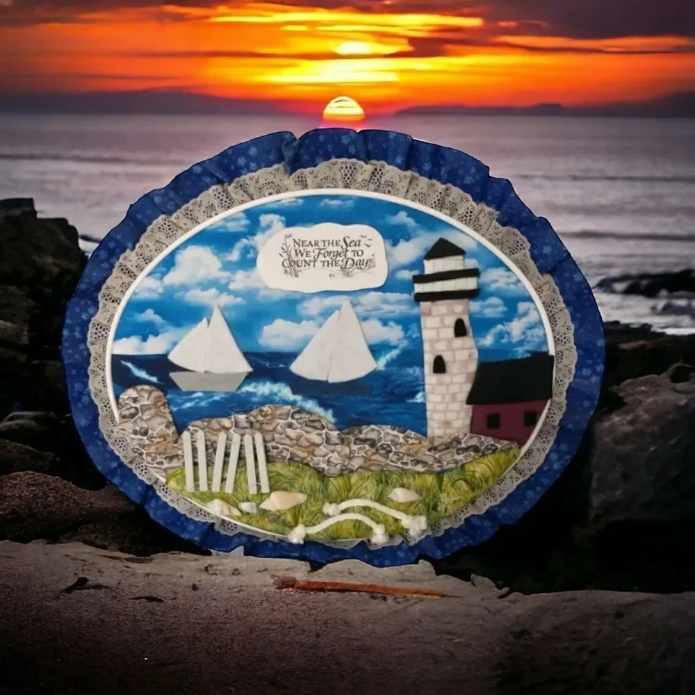 Vtg‎ Handmade Beach Wall Art Near The Sea Quilted Shells Lighthouse Beach House.